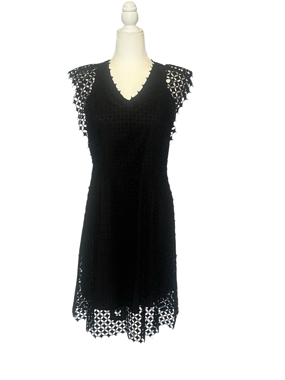 Elie Tahari Black Laser-Cut Midi Dress with Scalloped Edges